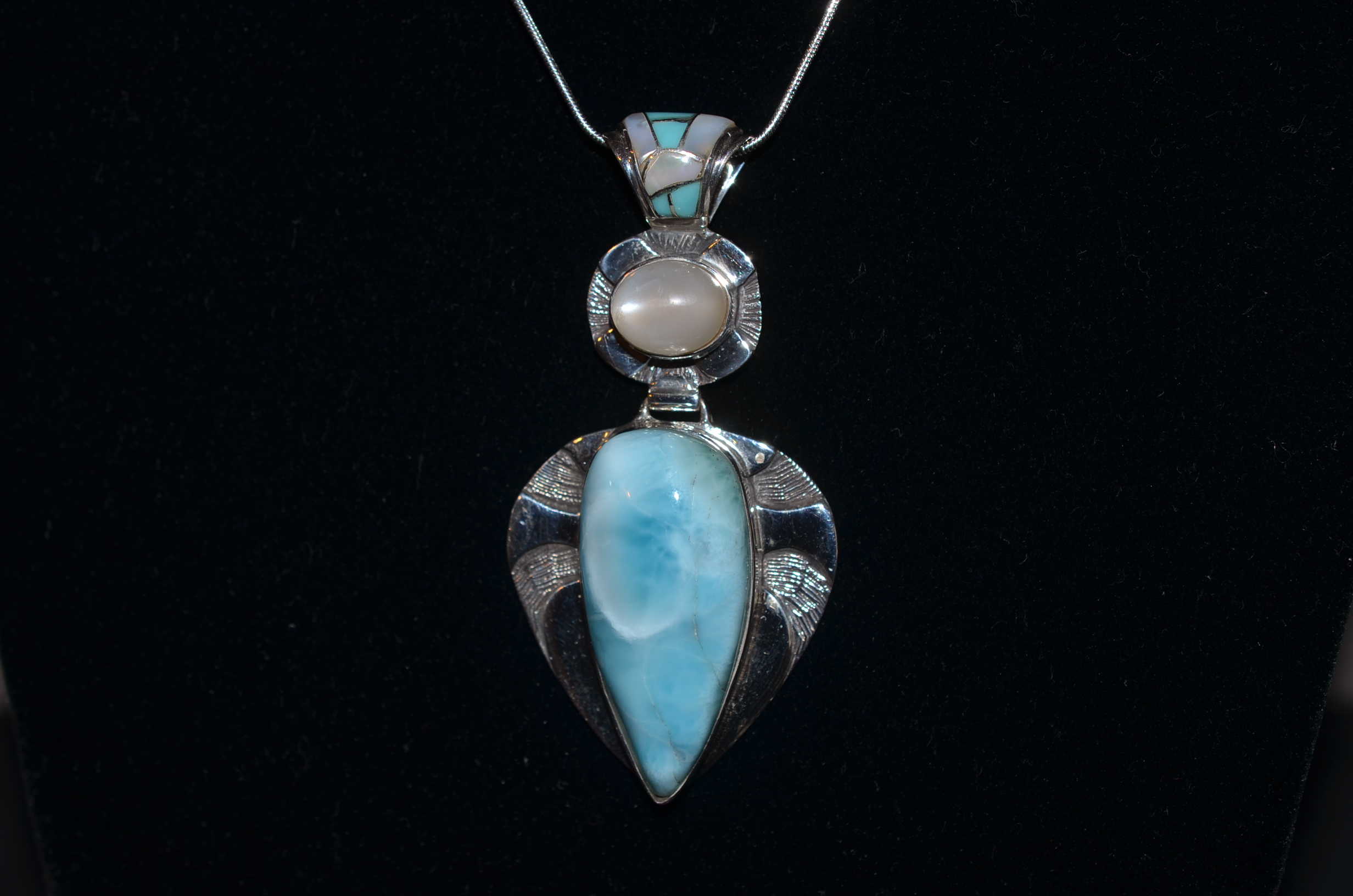 Sterling Silver Wire Wrap Pendant With Larimar and Moonstone  Wire wrap pendant necklace  larimar necklace  moonstone pendant